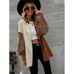 Cut And Sew Leopard Corduroy Coat